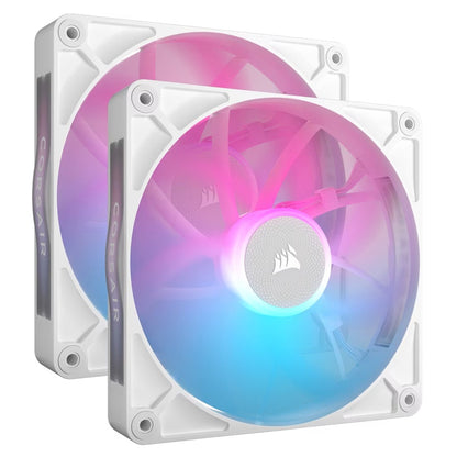 Corsair RX140 RGB White ICUE Link 140mm PWM Dual Fan Kit. 2x Fans, Connectors. 1 x ICUE Link Hub, 60mm Cable 90 Degress, Link Cab.