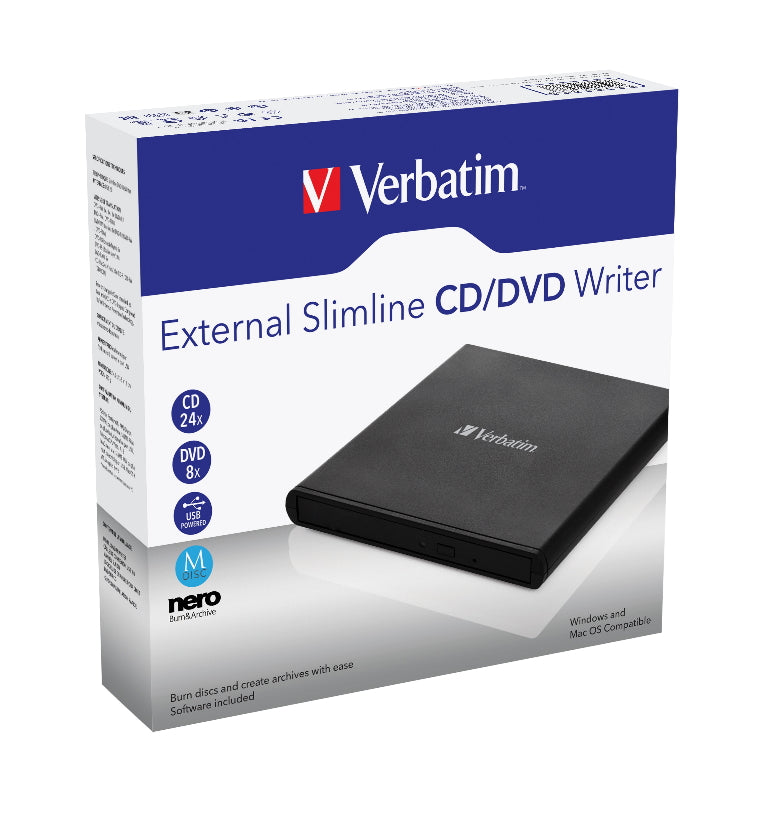 Verbatim External Slimline DVD / CD Writer, Burner, Reader, Player, Ultra Portable for Notebooks, Nero Software, USB Powered Black Mobile, Retail 2025