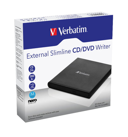 Verbatim External Slimline DVD / CD Writer, Burner, Reader, Player, Ultra Portable for Notebooks, Nero Software, USB Powered Black Mobile, Retail 2025