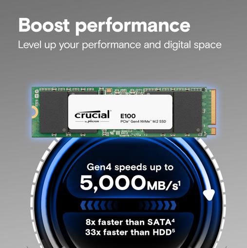 Crucial E100 2TB Gen4 NVMe SSD 5000/4500 MB/s R/W 100TBW 350K/460K IOPS 1M hrs MTTF M.2 2280 PCIe4 3yrs ~Crucial P3 Plus