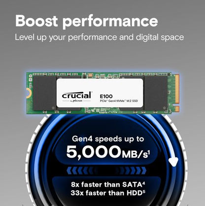 Crucial E100 2TB Gen4 NVMe SSD 5000/4500 MB/s R/W 100TBW 350K/460K IOPS 1M hrs MTTF M.2 2280 PCIe4 3yrs ~Crucial P3 Plus