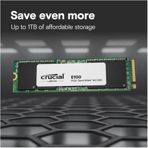 Crucial E100 2TB Gen4 NVMe SSD 5000/4500 MB/s R/W 100TBW 350K/460K IOPS 1M hrs MTTF M.2 2280 PCIe4 3yrs ~Crucial P3 Plus