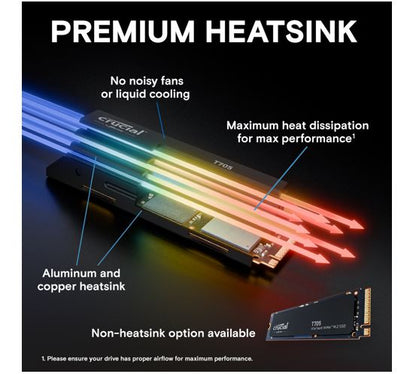 Crucial T705 1TB Gen5 NVMe SSD Heatsink - 13600/10200 MB/s R/W 600TBW 1400K IOPs