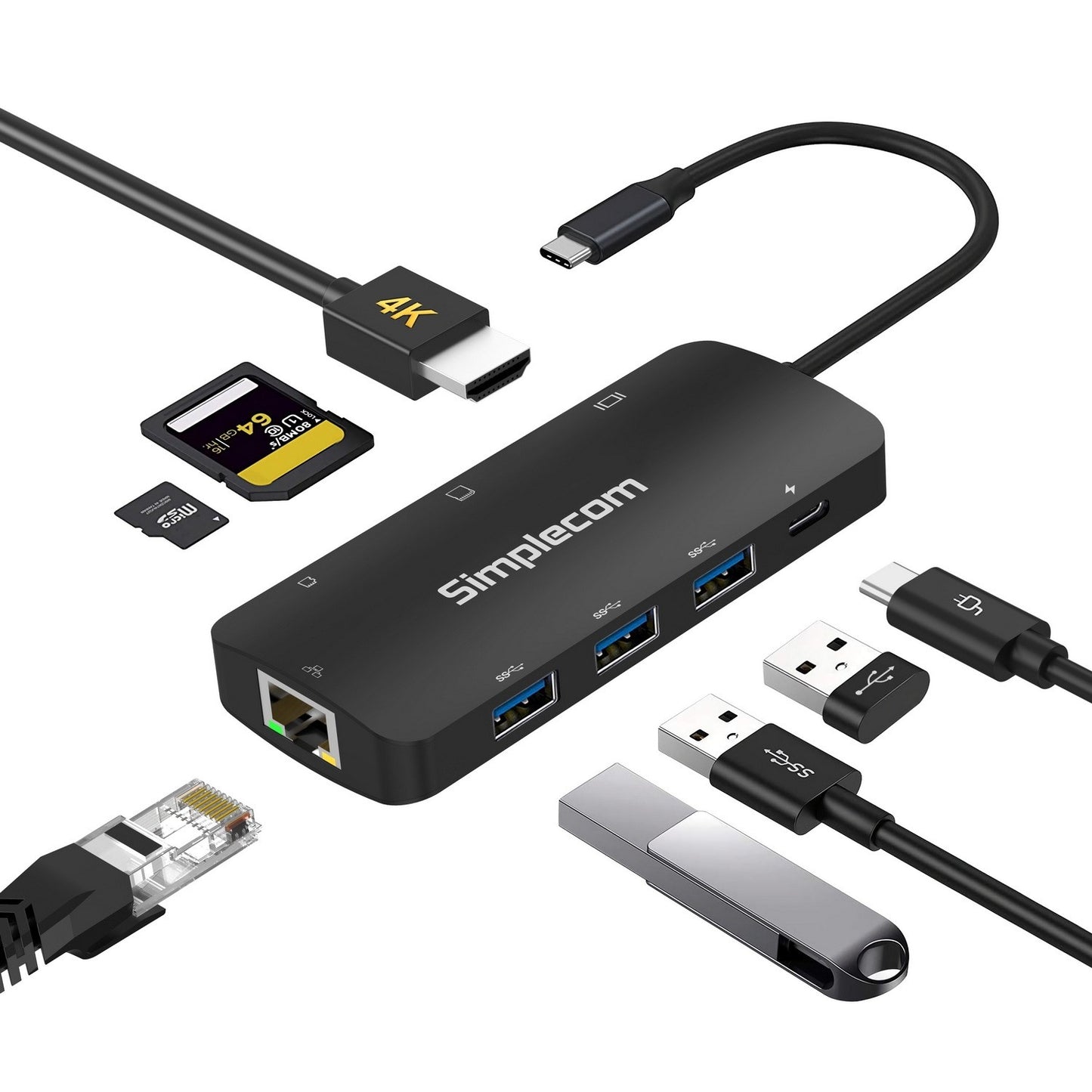 Simplecom CHT580 USB-C SuperSpeed 8-in-1 Multiport Hub Adapter HDMI 2.0 Docking