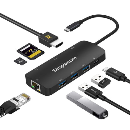 Simplecom CHT580 USB-C SuperSpeed 8-in-1 Multiport Hub Adapter HDMI 2.0 Docking