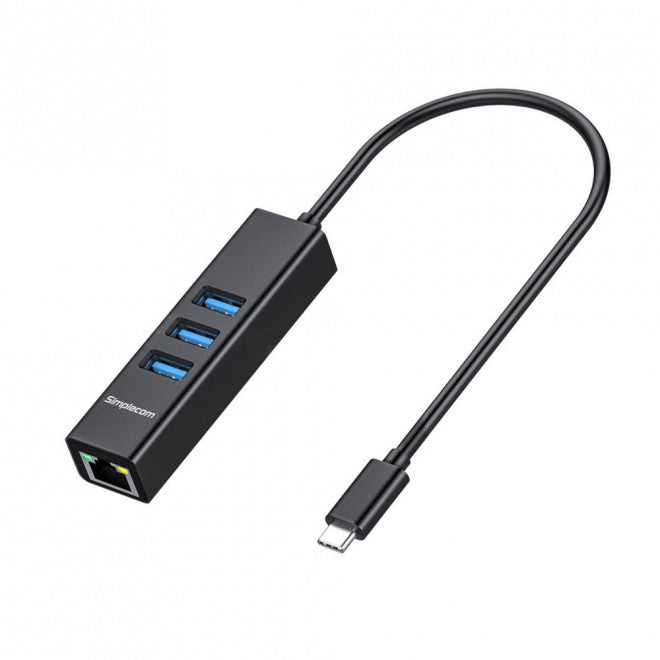Simplecom CHN421 Black Aluminium USB-C to 3 Port USB HUB with Gigabit Ethernet A