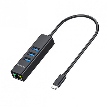 Simplecom CHN421 Black Aluminium USB-C to 3 Port USB HUB with Gigabit Ethernet A