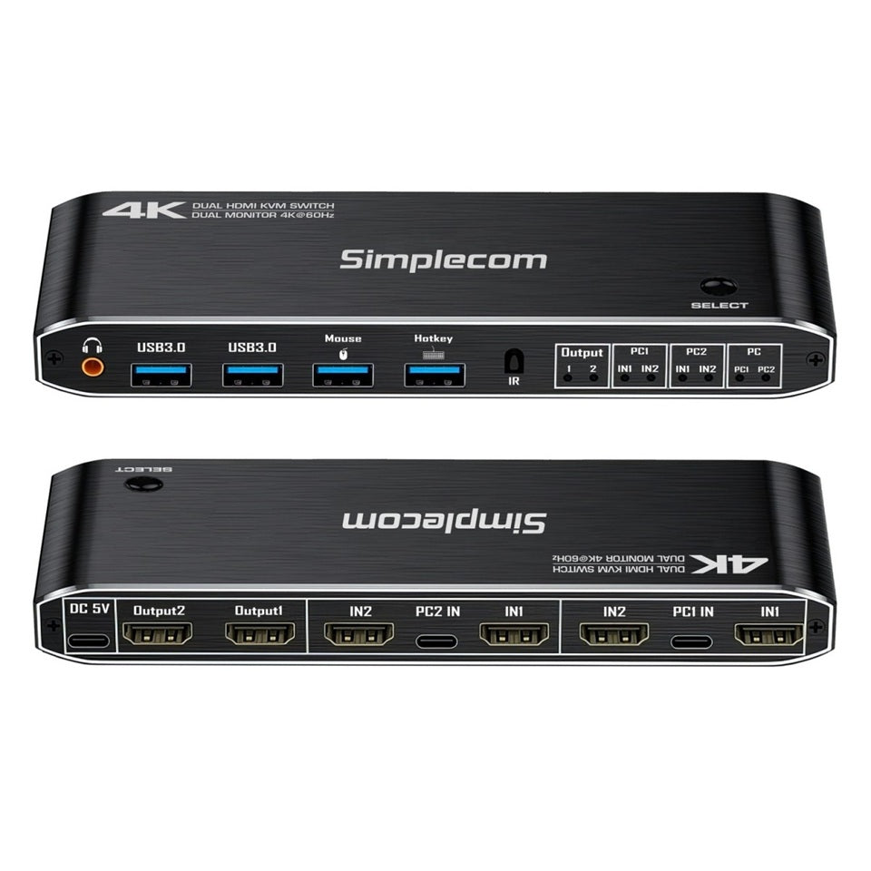 Simplecom KM430 Dual HDMI Monitor KVM Switch for 2 Computers with 4-Port USB Hub 4K@60Hz Keyboard Hotkey