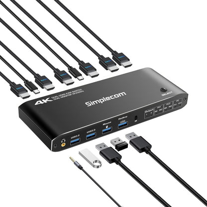 Simplecom KM430 Dual HDMI Monitor KVM Switch for 2 Computers with 4-Port USB Hub 4K@60Hz Keyboard Hotkey