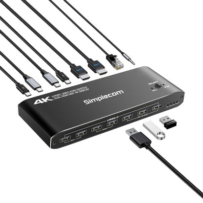 Simplecom KM590 2-Port USB-C Dual 4K HDMI Monitor KVM Switch and Docking Station with Network Sharing