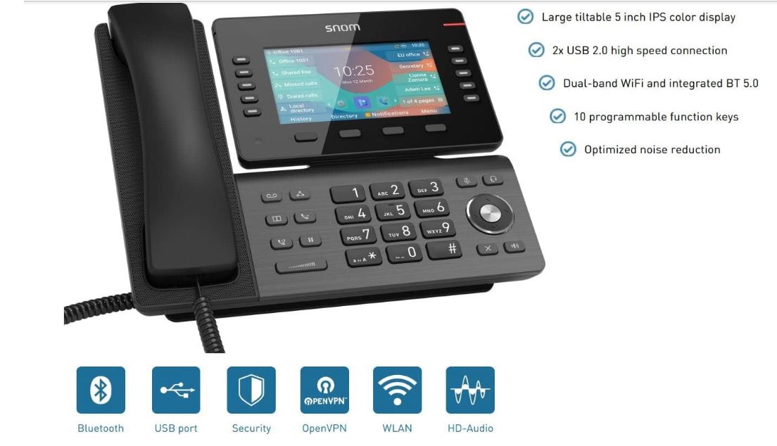 SNOM D865 Large tiltable 5 inch IPS colour display 2x USB 2.0 high speed connection 10 programmable function keys Dual-band Wi-Fi and Bluetooth