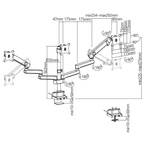 Brateck Triple Monitor Aluminum Slim Pole Held Mechanical Spring Monitor Arm Fit Most 17'-27' Monitors Up to 7kg per screen VESA 75x75/100x100