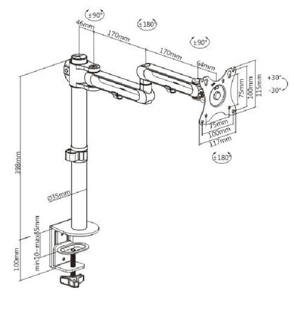 Brateck Articulating Aluminum Single Monitor Arm Fit Most 17'-32' Montior Up to 8kg per screen VESA 75x75/100x100 (LS)