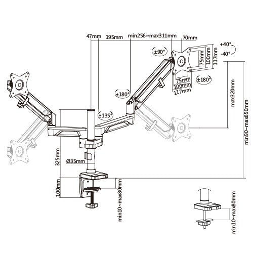 Brateck Dual Monitors Pole-Mounted Epic Gas Spring Aluminum Monitor Arm Fit Most 17'-32' Monitors, Up to 9kg per screen VESA 75x75/100x100 Grey (LS)