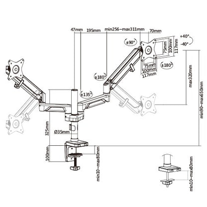 Brateck Dual Monitors Pole-Mounted Epic Gas Spring Aluminum Monitor Arm Fit Most 17'-32' Monitors, Up to 9kg per screen VESA 75x75/100x100 Grey (LS)