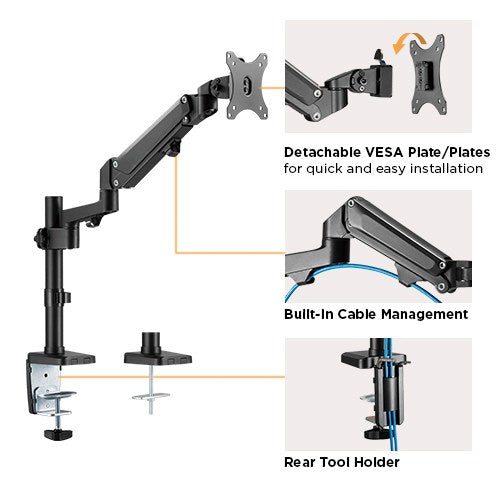Brateck Single Monitor Heavy-Duty Aluminum Gas Spring Monitor Arm Fit Most 17' - 35' Monitors Up to12kg per screen VESA 75x75/100x100
