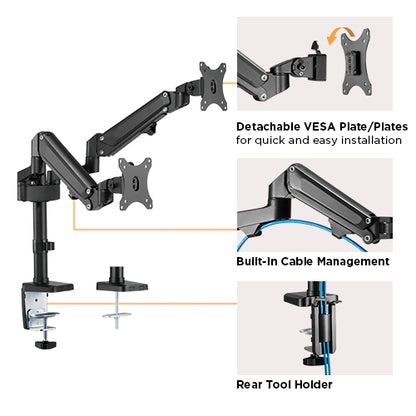 Brateck Dual Monitors Heavy-Duty Aluminum Gas Spring Monitor Arm Fit Most 17''-32'' Up to 12kg per screen VESA 75x75/100x100 (LS)