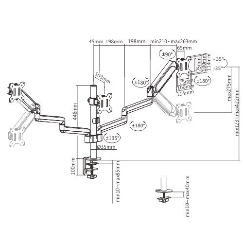 Brateck Triple Monitors Pole-Mounted Gas Spring Monitor Arm Fit Most 17'-27' Monitors Up to 7kg per screen VESA 75x75/100x100