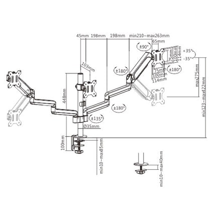 Brateck Triple Monitors Pole-Mounted Gas Spring Monitor Arm Fit Most 17'-27' Monitors Up to 7kg per screen VESA 75x75/100x100