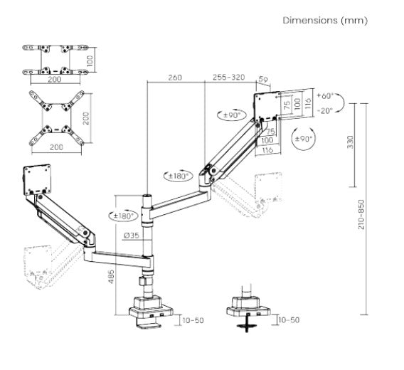 Brateck LDT80-C024P Matte Black Super Heavy-Duty Pole-Mounted Gas Spring Dual Monitor Arm For most 24'-57' Monitors (LS)