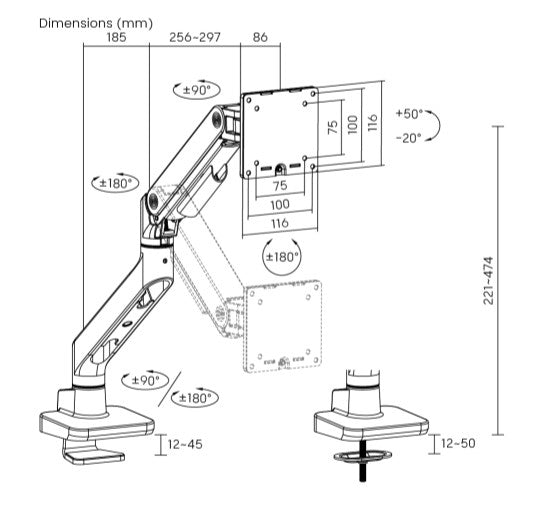 Brateck LDT81-C012-B NOTEWORTHY HEAVY-DUTY GAS SPRING MONITOR ARM For most 17'~49' Monitors, Fine Texture Black (LS)