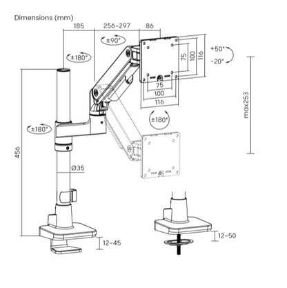 Brateck LDT81-C012P-W NOTEWORTHY POLE-MOUNTED HEAVY-DUTY GAS SPRING MONITOR ARM For most 17'~49' Monitors, Fine Texture White (LS)
