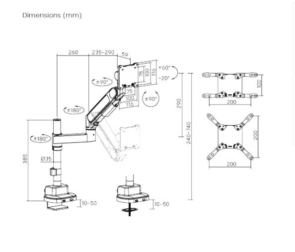 Brateck LDT92-C012P-B Future-Proof Heavy-Duty Pole-Mounted Gas Spring Monitor Arm, Fit Screen Size: 24'-57' Up to 27 KG (LS)