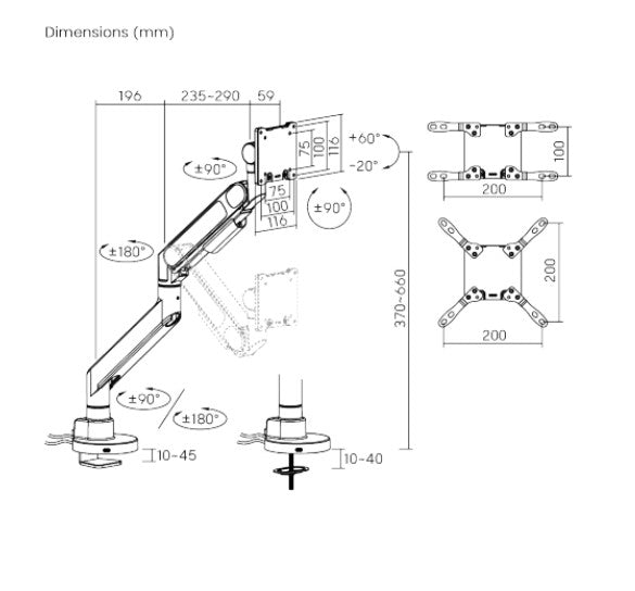 Brateck LDT92-C012UC-B FUTURE-PROOF HEAVY-DUTY GAS SPRING MONITOR ARM WITH USB PORTS (LS)