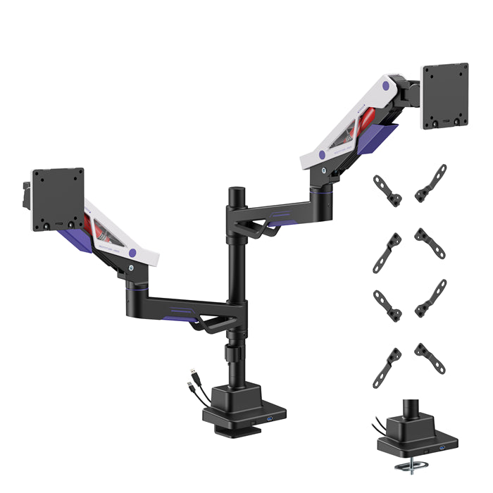 Brateck LDT95-C024UCP Atlas Neo Gaming Pole-Mounted Dual Monitor Arm with USB-A & USB-C Ports For most 24'~57' Monitors, Matte Black & White (New)