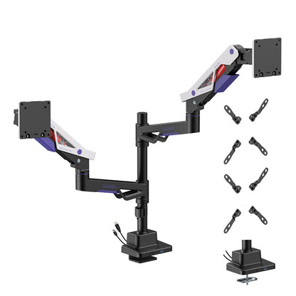 Brateck LDT95-C024UCP Atlas Neo Gaming Pole-Mounted Dual Monitor Arm with USB-A & USB-C Ports For most 24'~57' Monitors, Matte Black & White (New)