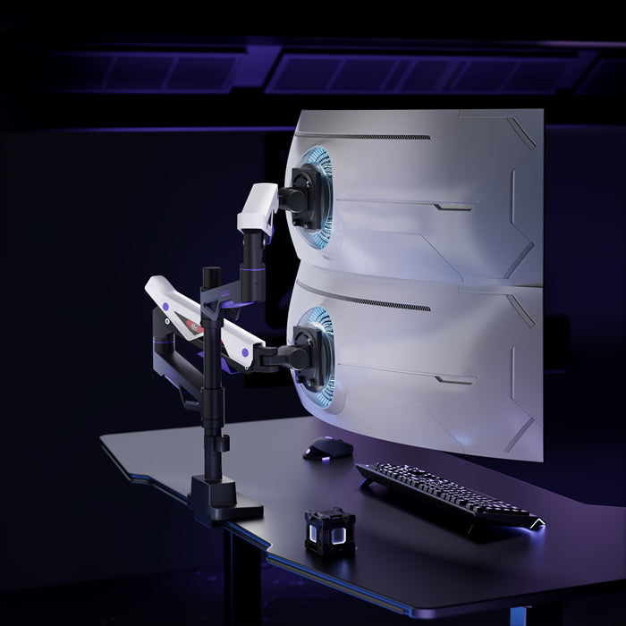 Brateck LDT95-C024UCP Atlas Neo Gaming Pole-Mounted Dual Monitor Arm with USB-A & USB-C Ports For most 24'~57' Monitors, Matte Black & White (New)