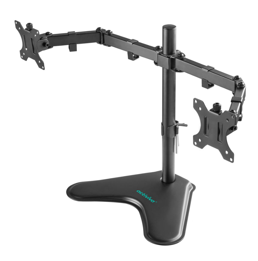 mbeatÂ® activiva Dual-Screen Articulating Monitor Arm with Free-Standing Desktop Base provides the perfect solution for ergonomic comfort and workspace