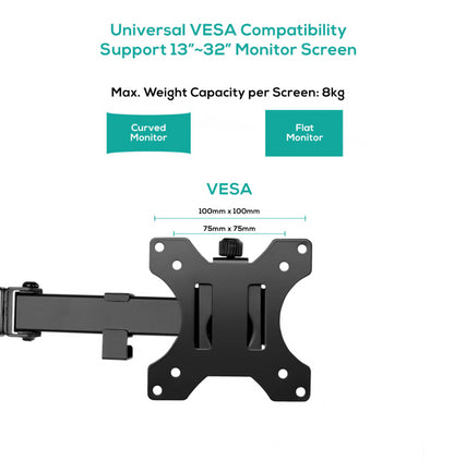 mbeatÂ® activiva Dual-Screen Articulating Monitor Arm with Free-Standing Desktop Base provides the perfect solution for ergonomic comfort and workspace