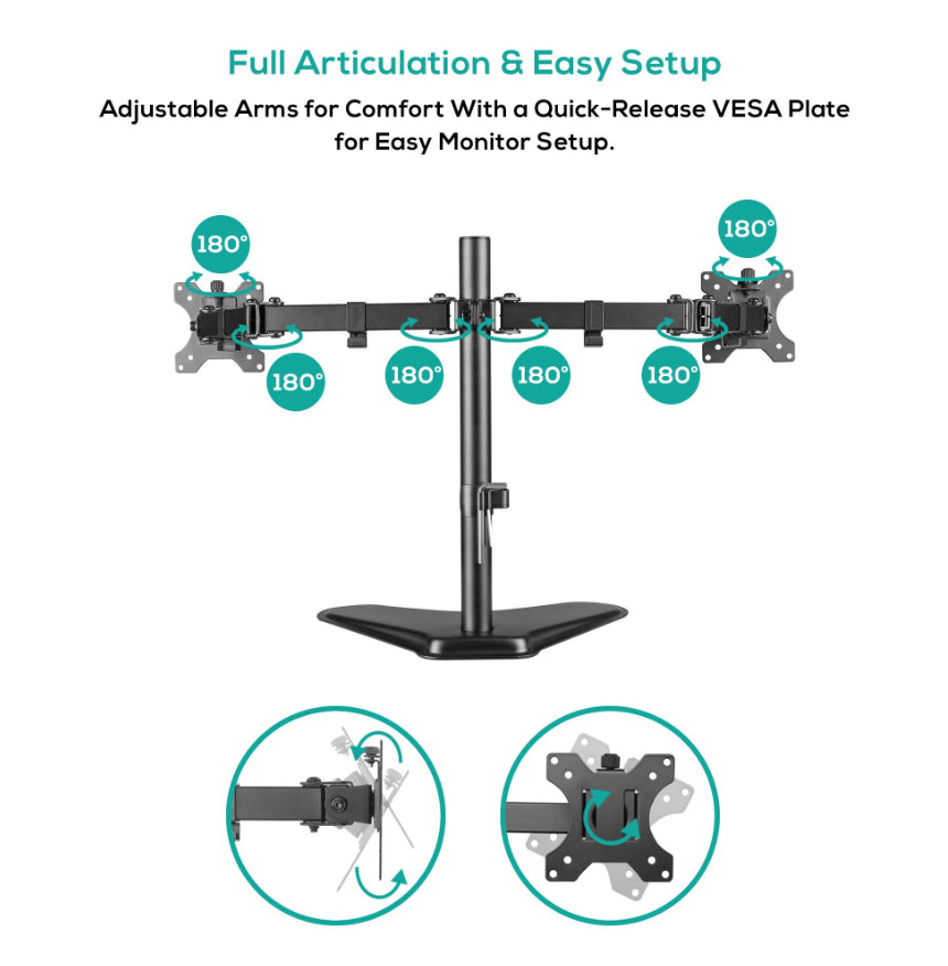 mbeatÂ® activiva Dual-Screen Articulating Monitor Arm with Free-Standing Desktop Base provides the perfect solution for ergonomic comfort and workspace
