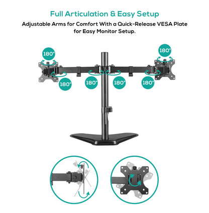 mbeatÂ® activiva Dual-Screen Articulating Monitor Arm with Free-Standing Desktop Base provides the perfect solution for ergonomic comfort and workspace
