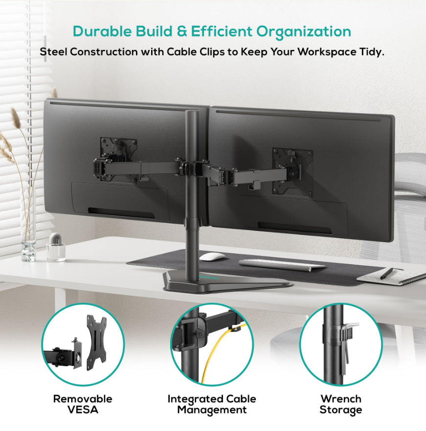 mbeatÂ® activiva Dual-Screen Articulating Monitor Arm with Free-Standing Desktop Base provides the perfect solution for ergonomic comfort and workspace