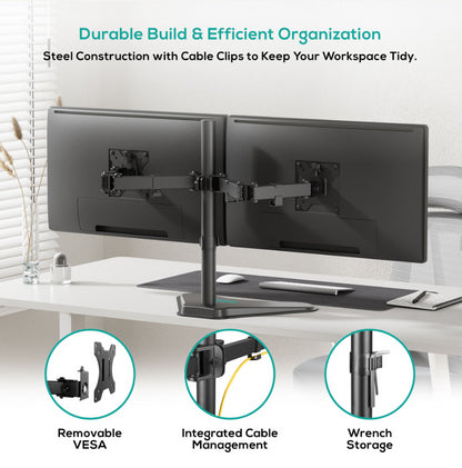 mbeatÂ® activiva Dual-Screen Articulating Monitor Arm with Free-Standing Desktop Base provides the perfect solution for ergonomic comfort and workspace