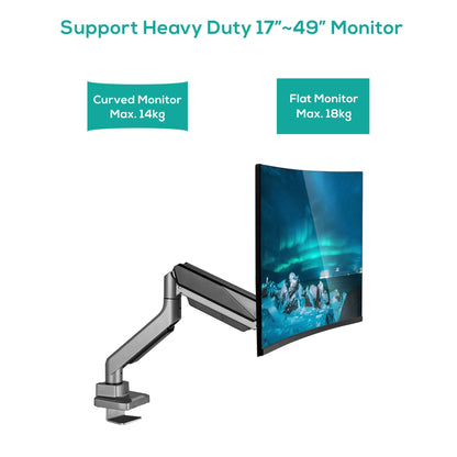 mbeatÂ® Activiva Heavy Duty Single Monitor Screen Gas Spring Monitor Arm ACA-HMA-SGS01Y Color: Metallic Grey Screen Rotation: +180Â°~-180Â°
