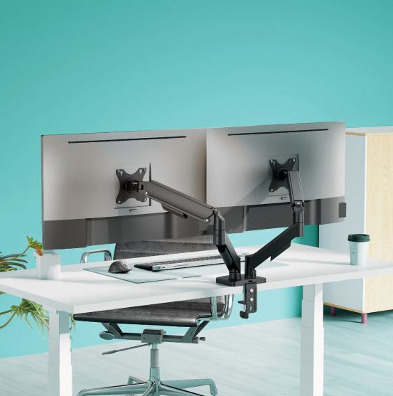 mbeatÂ® activiva Ergolife Dual-Screen Gas Spring Monitor Arm allows you to smoothly adjust the height, angle, and tilt of both screens with minimal