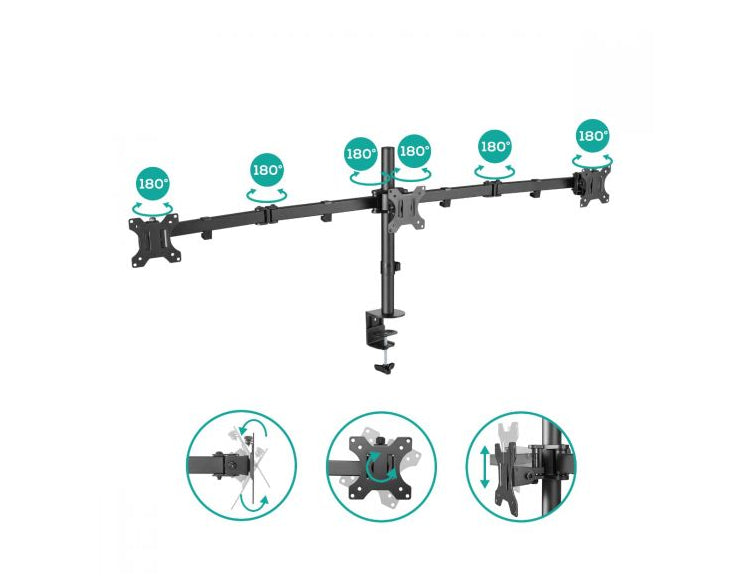 mbeatÂ® activiva Triple-Screen Articulating Monitor Arm Ideal for a seamless triple monitor setup (13'-27'), it offers flexible positioning