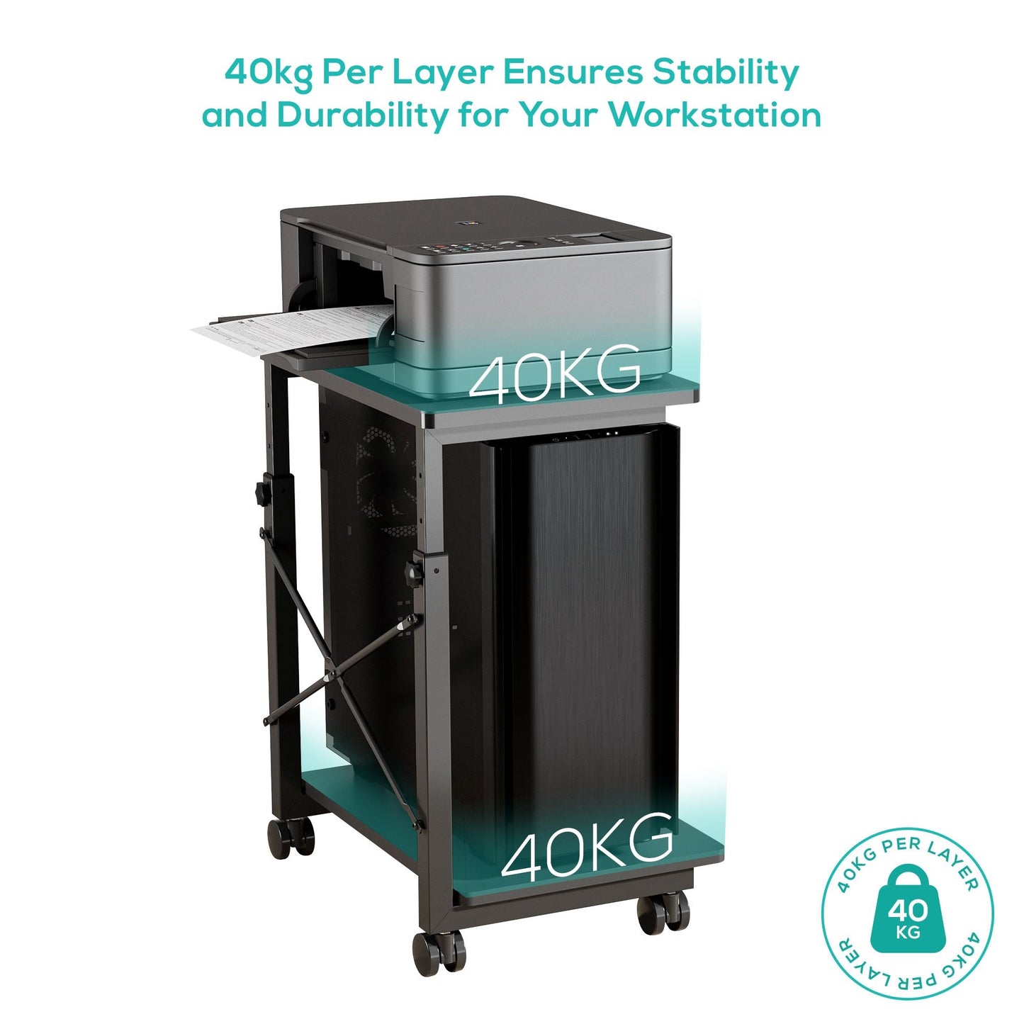 mbeatÂ® activiva Height Adjustable PC & Printer Storage Stand Black Adjustable Shelf Height: 55/60/65/70/75/80/85cm Package Weight: 8.10kg