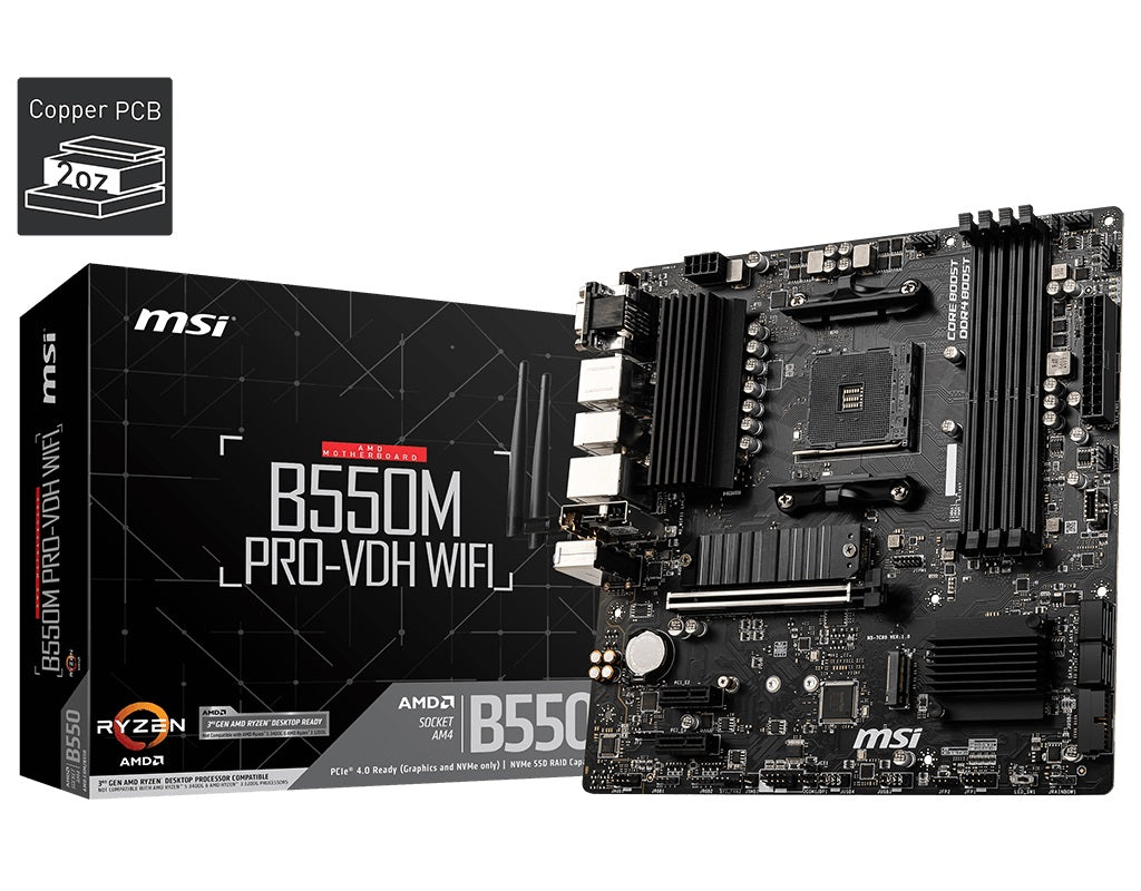 MSI B550M PRO-VDH WIFI AM4 MATX MB 4xDDR4 3xPCIE 2xM.2 HDMI VGA DP RAID LAN 4xSA