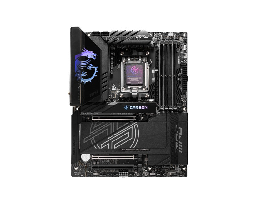 MSI MPG X870E CARBON WIFI, AMD AM5 ATX Motherboard 4x DDR5~256GB, 3x PCIe x16, 4x M.2, 9x USB 3.2, 4x USB-C