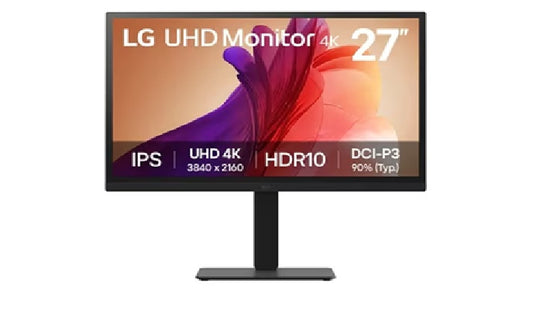 LG 27' IPS UHD 4K Monitor with 90% DCI-P3 and HDR10 support, 3840x2160, 300 nits, 5ms, Height/Pivot/Tilt/Swivel adjustable, 3-side borderless