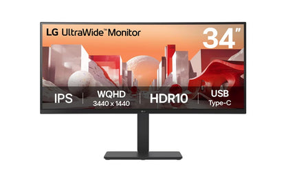 LG 34' UltraWide QHD Curved IPS Monitor with HDR10, sRGB 99%, USB-C PD 90W, RJ45, built-in speakers, and tilt/height/swivel adjustable stand