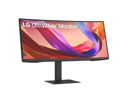 LG 34' UltraWide 21:9 WQHD Curved IPS Monitor with 3440x1440 resolution, sRGB 99%, HDR10, 100Hz, 5ms response, and tilt/height/swivel stand