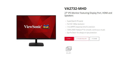 ViewSonic 27' Super Clear IPS, 4ms 100hz, Ultra Slim, FHD, DP, HDMI, VGA, 2x Spe
