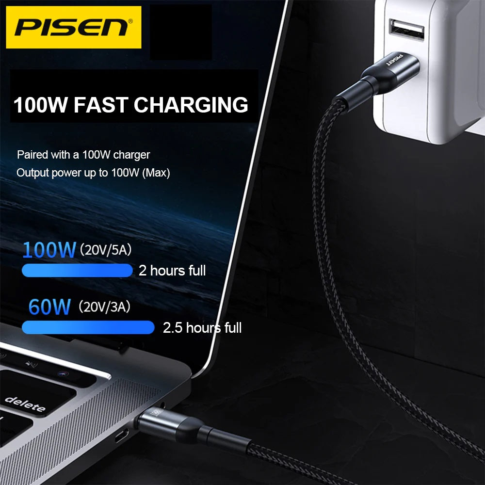 Pisen Braided USB-C to USB-C 100W PD Fast Charge Cable (1M) Black - Bend-Resistant, Samsung Galaxy,Apple iPhone,iPad,MacBook,Google,OPPO,Nokia,Laptop