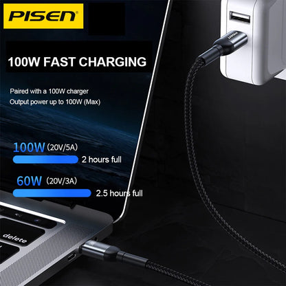 Pisen Braided USB-C to USB-C 100W PD Fast Charge Cable (1M) Black - Bend-Resistant, Samsung Galaxy,Apple iPhone,iPad,MacBook,Google,OPPO,Nokia,Laptop