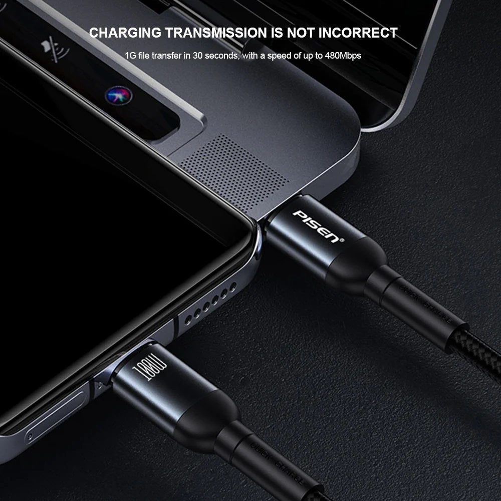 Pisen Braided USB-C to USB-C 100W PD Fast Charge Cable (1M) Black - Bend-Resistant, Samsung Galaxy,Apple iPhone,iPad,MacBook,Google,OPPO,Nokia,Laptop
